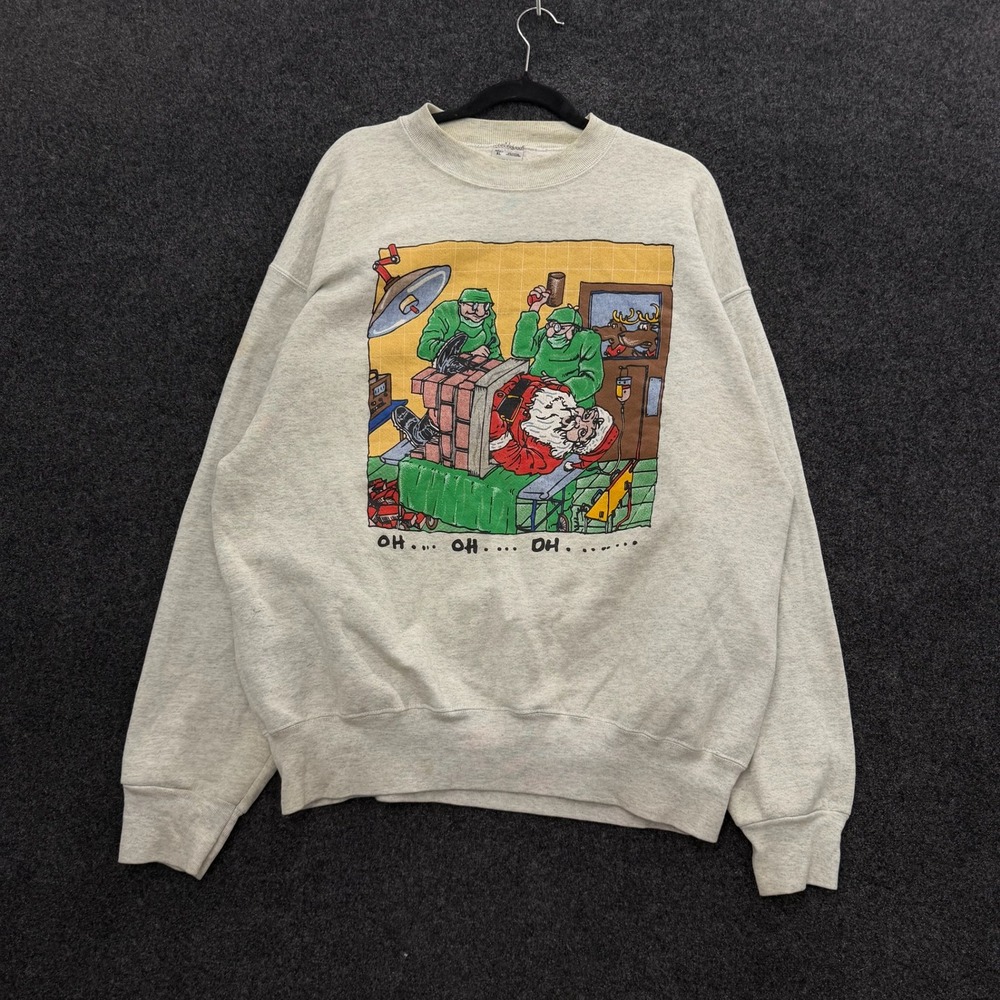 Vintage Fruit of the Loom Santa Surgery Christmas Sweatshirt Gray XL Humor